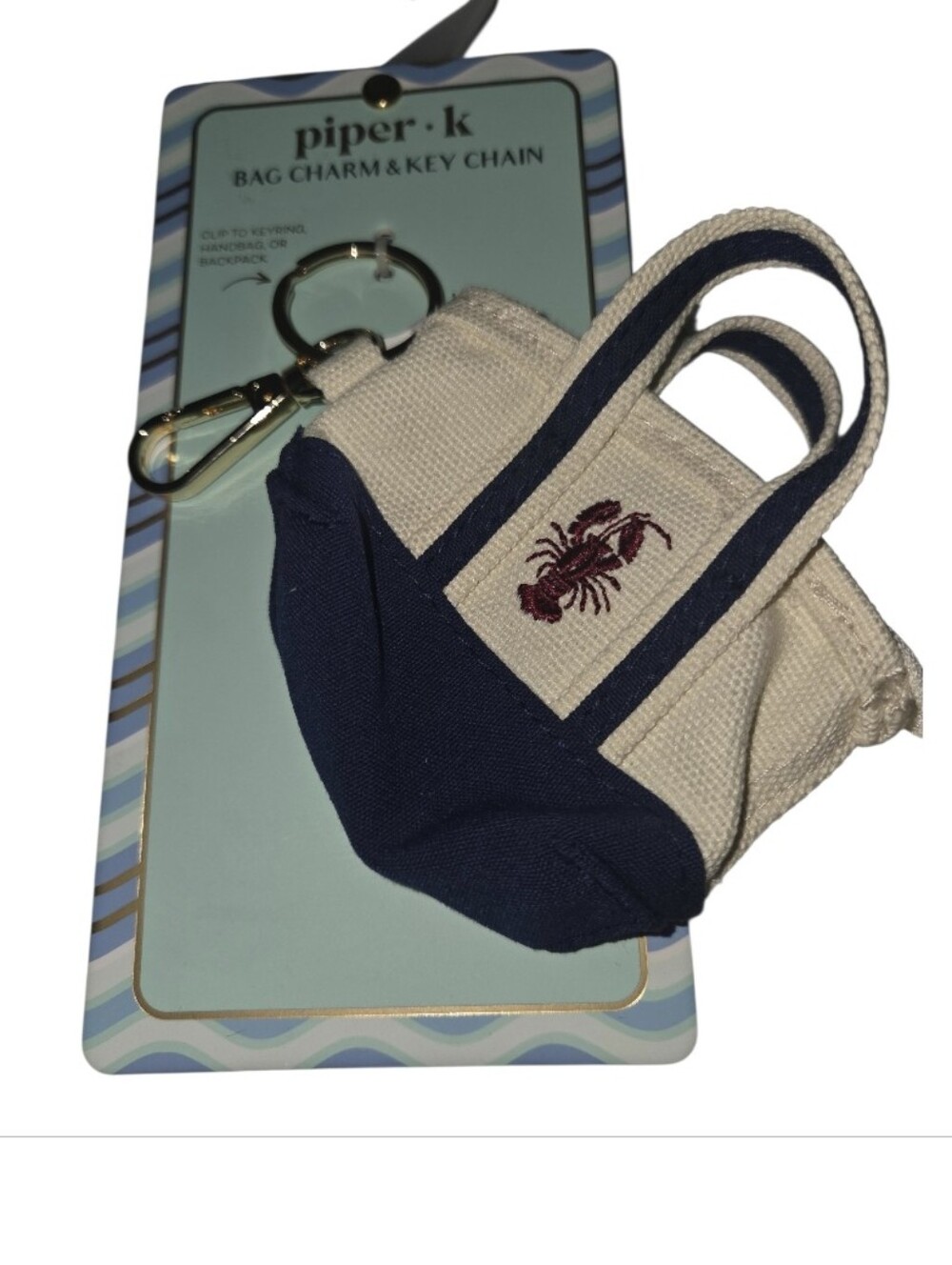 Piper K Mini Tote Coin Pouch Bag Charm Key Ring Lobster Embroidered NEW
